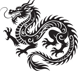 Fototapeta premium Black chinese dragon silhouette oriental mythology symbol mystical creature serpentine body element.