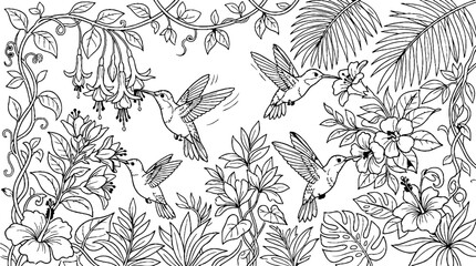 Obraz premium Hummingbirds Hovering Among Tropical Hibiscus Flowers