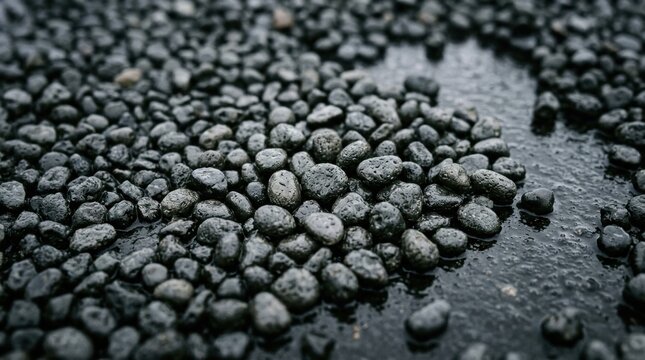Close-up view of small wet grey basalt pebbles on dark asphalt ground. These porous volcanic stones are saturated with rain water, showing detailed textures and dark tones.