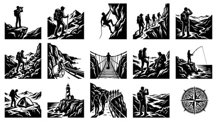 Obraz premium Black and White Vector Icons of Hiking, Climbing, Camping, and Adventure
