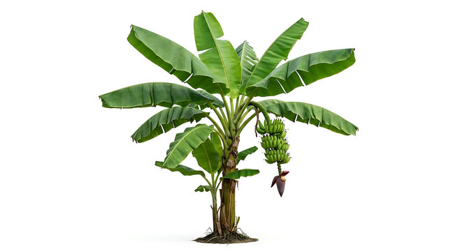 Banana tree with fruit and foliage isolated on white background