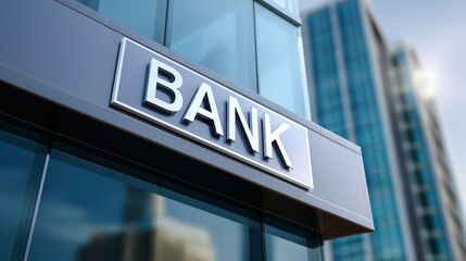 Obraz premium Modern bank building exterior with sign representing finance, banking services and corporate economy.