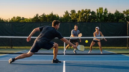 Active men and woman playing pickleball on an outdoor court at sunset. Recreational sports game with paddles, net and fast rally during a fitness and social competition session.