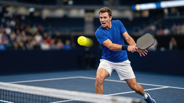 Professional male tennis player hitting a fast pickleball on an indoor court during a competitive match. Caucasian athlete training in a racket sport arena with intense motion and focus.
