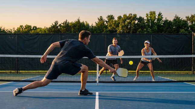 Active men and woman playing pickleball on an outdoor court at sunset. Recreational sports game with paddles, net and fast rally during a fitness and social competition session.