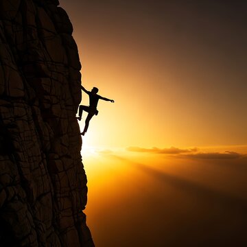 Silhouette of a person free climbing a rugged cliff face against a brilliant sunset