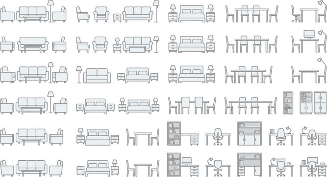 Furniture elevation icons set for interior design planning including sofas beds tables and office desks vector line art
