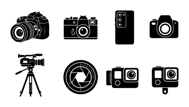 Photography Equipment Icons Set: Digital Cameras, Vintage Camera, Camcorder, Action Cameras, Smartphone Camera Lens, Tripod, Vector Graphics for Media