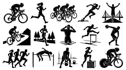 Obraz premium Sports and Fitness Athletes Activities Glyph Icons Set. Black White Running, Cycling, Swimming, Training Silhouettes.