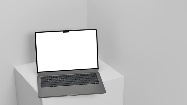 3D Render Laptop Mockup with Blank White Screen on White Pedestal, Minimal Gray Background
