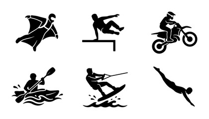 Extreme Sports Icons Set: Wingsuit, Parkour, Motocross, Kayaking, Wakeboarding, Diving Silhouettes © Touhidul