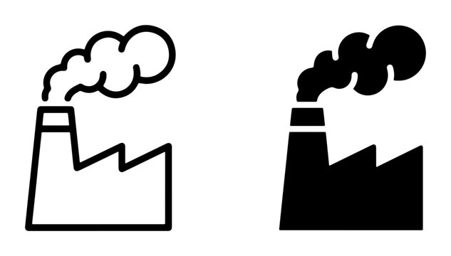 Factory Icons, Industrial Chimney Symbols, Pollution Smoke Vector Graphics, Black and White Manufacturing Plant Icons
