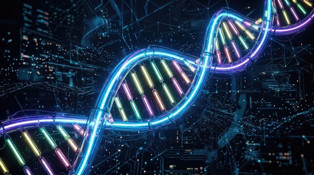 Vibrant Neon DNA Helix Structure Illuminating a Dark Digital Circuitry Background.