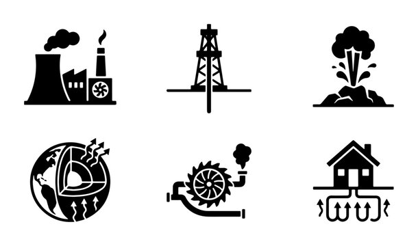 Industrial Energy Icons: Power Plant, Oil Rig, Explosion, Geothermal, Water Wheel, Home Heating Icons