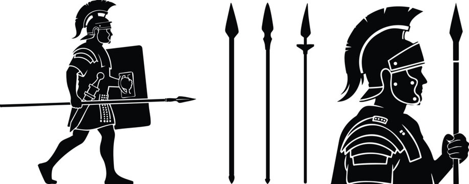 Simple, flat, black spear silhouette set. Isolated on transparent background,Spartan warrior soldier icon .Spearhead logo, element of weapon icon for mobile concept and web apps, ui.