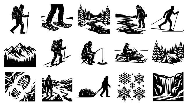 Outdoor Winter Sports and Nature Adventure Glyphs Vector Icons Set - Hiking, Skiing, Camping, Fishing Silhouettes