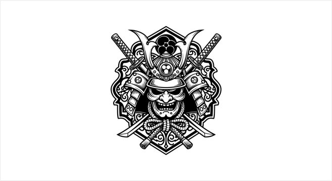Detailed Samurai Mask with Crossed Swords Emblem.