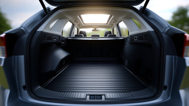 Open car trunk with empty cargo space representing transportation, storage and travel concept.