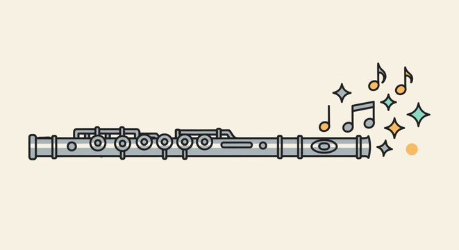 Illustration of a silver musical flute with colorful floating music notes.