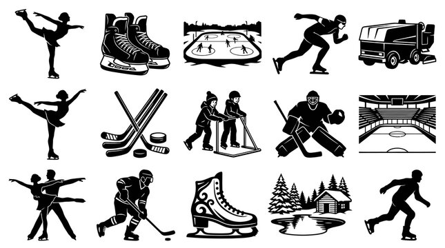 Ice Skating Hockey Sports Icons Set Black White Line Art Vector