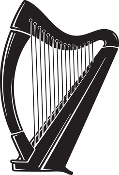 Black and white illustration of a harp with detailed strings and frame Vector, illustration