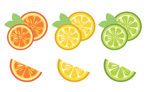 Set of citrus fruit. Orange, lemon, and lime with slices, isolated on a background. Cartoon vector icons for food, summer, juice, tropical themes.
