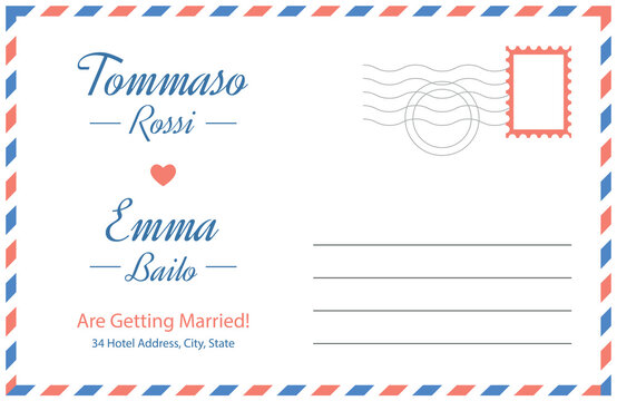 Wedding invitation postcard. The envelope with a postage stamp and space for address. Perfect for wedding announcements, save the dates, or romantic events. vector illustration
