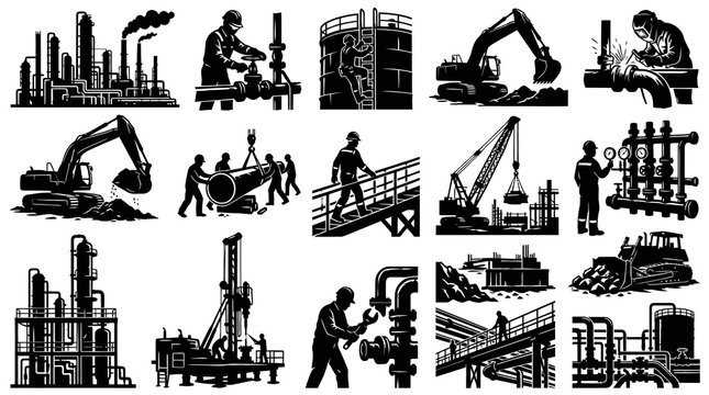 Heavy Industry, Construction  Oil Gas Glyph Icons - Black  White Silhouettes of Workers  Machinery