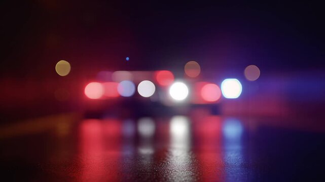Abstract pulsing red and blue emergency lights on a wet surface at night, blurred bokeh, symbolizing urgency, danger, and police presence, cinematic motion background.