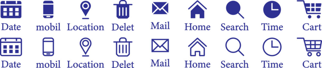 Time, date, address, email, location, search, mail, phone,  shopping cart icon vector illustration. commerce Essential Line Icon Set © MDParveg