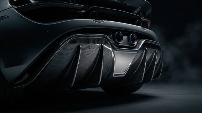 Detailed rear view of a modern supercar featuring a large carbon fiber diffuser with aerodynamic fins, dual exhaust outlets, and matte bodywork in a dark studio setting with smoke.