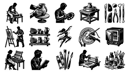 Obraz premium Arts and Crafts Vector Icons Set: Pottery, Painting, Printmaking, Dancing, and Tools in Vintage Engraving Style