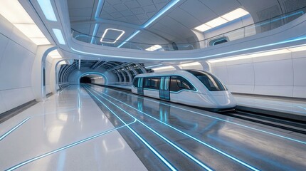 Naklejka premium Futuristic High-Speed Train Arriving at a Modern Underground Station with Blue Neon Lights.