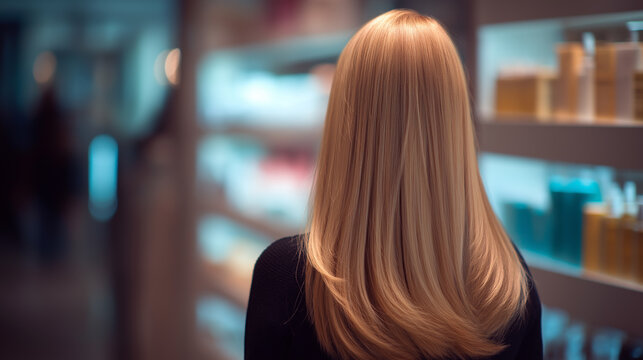 Woman with long straight blonde hair seen from behind in a modern salon or cosmetic store setting.
