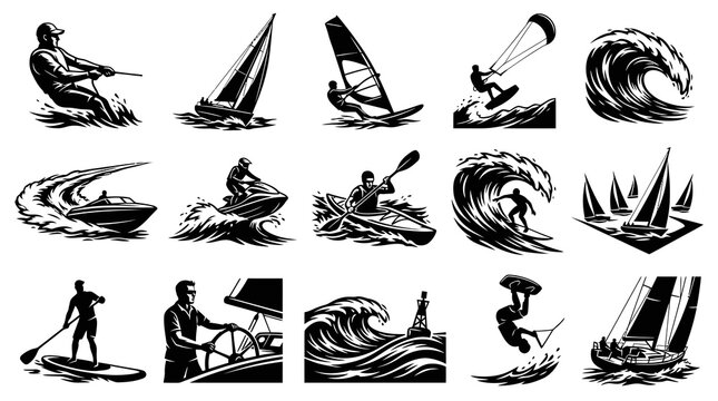 Nautical Water Sports Activities Vector Icons Set - Black  White Silhouette Illustrations Collection