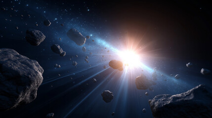 Fototapeta premium Asteroids floating in outer space illuminated by dramatic light rays creating a cosmic scene.