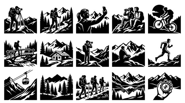 Black  White Vector Illustrations: Outdoor Mountain Adventure Activity Icon Set with Hikers, Runners, Cyclists  Nature Scenes.