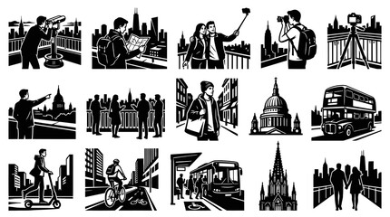 Fototapeta premium Black and White Vector Illustrations of City Tourism and Travel Activities