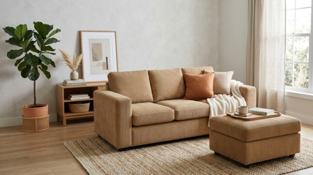 Modern living room interior featuring a tan corduroy fabric sofa with a matching ottoman, decorative throw pillows, fiddle leaf fig plant, wooden sideboard, and framed art by a window.