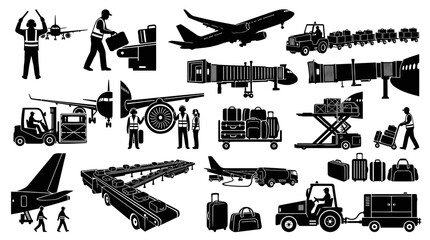 Obraz premium Airport Vector Icons: Airplanes, Luggage, Ground Staff, Jet Bridges, Vehicles