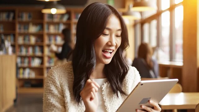 Young asian woman smiling while holding a tablet in a bright library or cafe