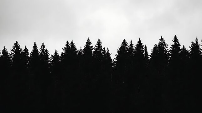 Graphic forest silhouette, sharp tree outlines, moody stock, Forest silhouette, high contrast, tree pattern, lens compression, graphic, minimalist