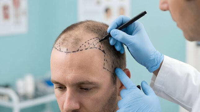 Doctor in Blue Gloves Marking Scalp of Young Male Patient with Pen Before Hair Transplant Procedure Showing Cosmetic Surgery Clinic Treatment Service
