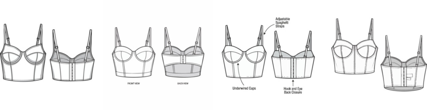 Women's Underwired Bustier Crop Top Technical Fashion Illustration Featuring Adjustable Spaghetti Straps and Hook and Eye Back Closure, vector set isolated on white