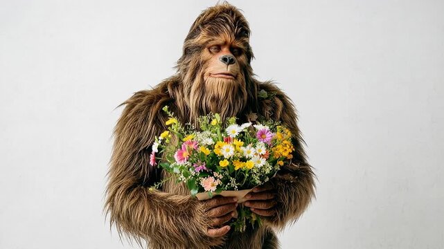 Bigfoot holding a colorful bouquet of flowers, a whimsical surprise and presenting a vibrant arrangement of assorted flowers