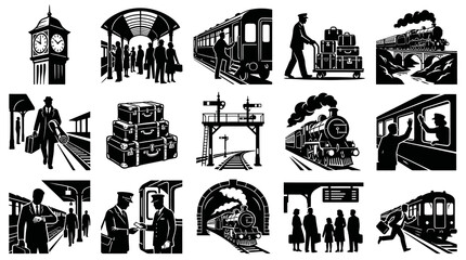 Fototapeta premium Vintage Train Station Silhouette Icons: Travel, Transport, and Retro Railway Journey