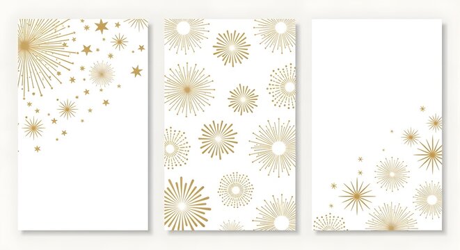 Set of three vertical banners with gold firework patterns isolated on white background