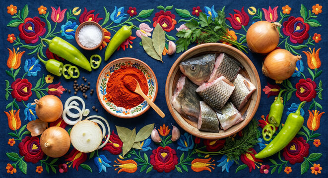 Overhead flat lay of Halaszle Fish Soup ingredients on Matyo embroidered fabric