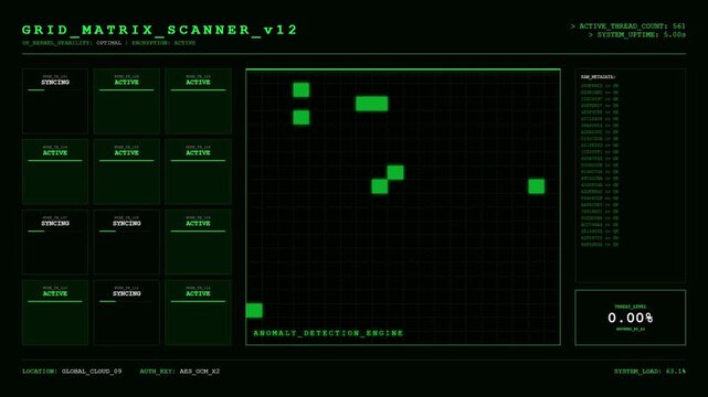 Grid Matrix Scanner Interface with Active Nodes and Anomaly Detection Engine Secure Network Monitoring Digital Terminal Animation.