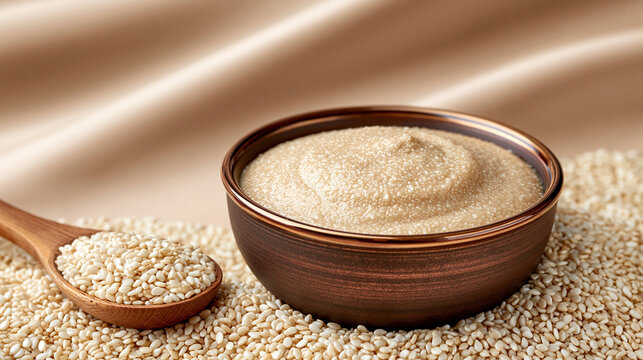 Ground sesame paste in wooden bowl on beige fabric background  